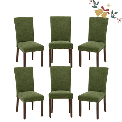 Parsons Dining Chairs Set of 6, Upholstered Nailhead Dining Room Kitchen Side Chair with Thick Cushions and Wood Legs, Green