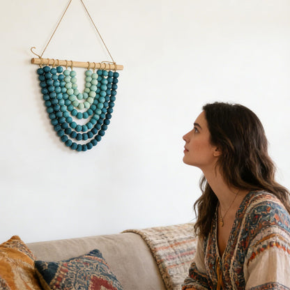 Boho Chic Wooden Bead Garland Wall Hanging Tapestry, Handcrafted Home Décor Inspired by Nature, Suitable for Living Room, Bedroom, Entryway, Nursery, Apartment & Dorm (Coastal Breeze Ombre, 12 inches)