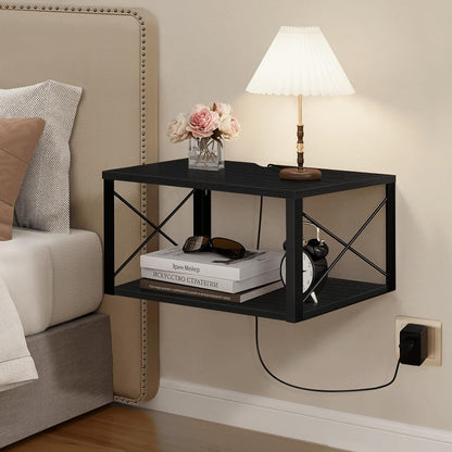 2 Homode Floating Nightstand, Tier Wall Mounted Nightstand with Cable Hole, Wooden Floating Bedside Table, Bedside Wall