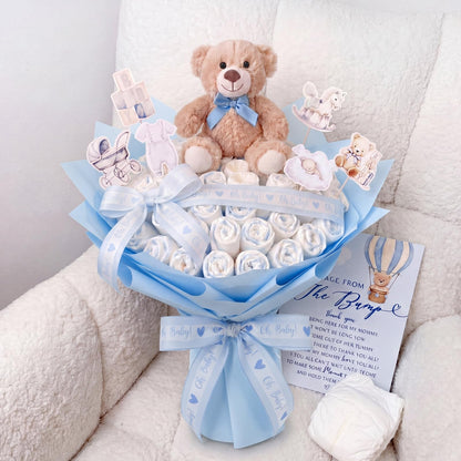 Pinkunn 66pcs Teddy Bear Bouquet DIY Kit Accessory New Mom Gift Newborn Gender Reveal Baby Shower Supplies Flower Making Essentials Decorations with Teddy Bear Light Blue Ribbon Wrapping Paper Cards