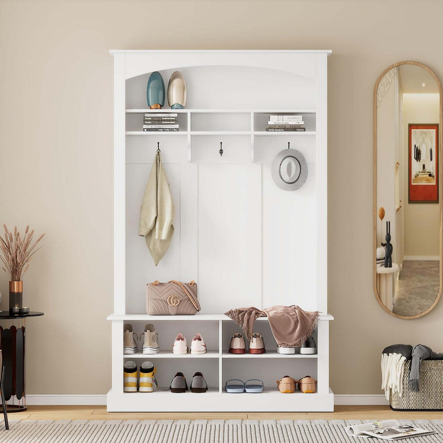 HEIDOUHEI Hall Tree with Bench Shoe Storage Entryway Coat Rack 47.2'' Wide Multi-Functional 3 Hanging Hooks Open Space Rectangle Shelves Farmhouse Boho Furniture Organizer Hallway