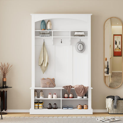 HEIDOUHEI Hall Tree with Bench Shoe Storage Entryway Coat Rack 47.2'' Wide Multi-Functional 3 Hanging Hooks Open Space Rectangle Shelves Farmhouse Boho Furniture Organizer Hallway