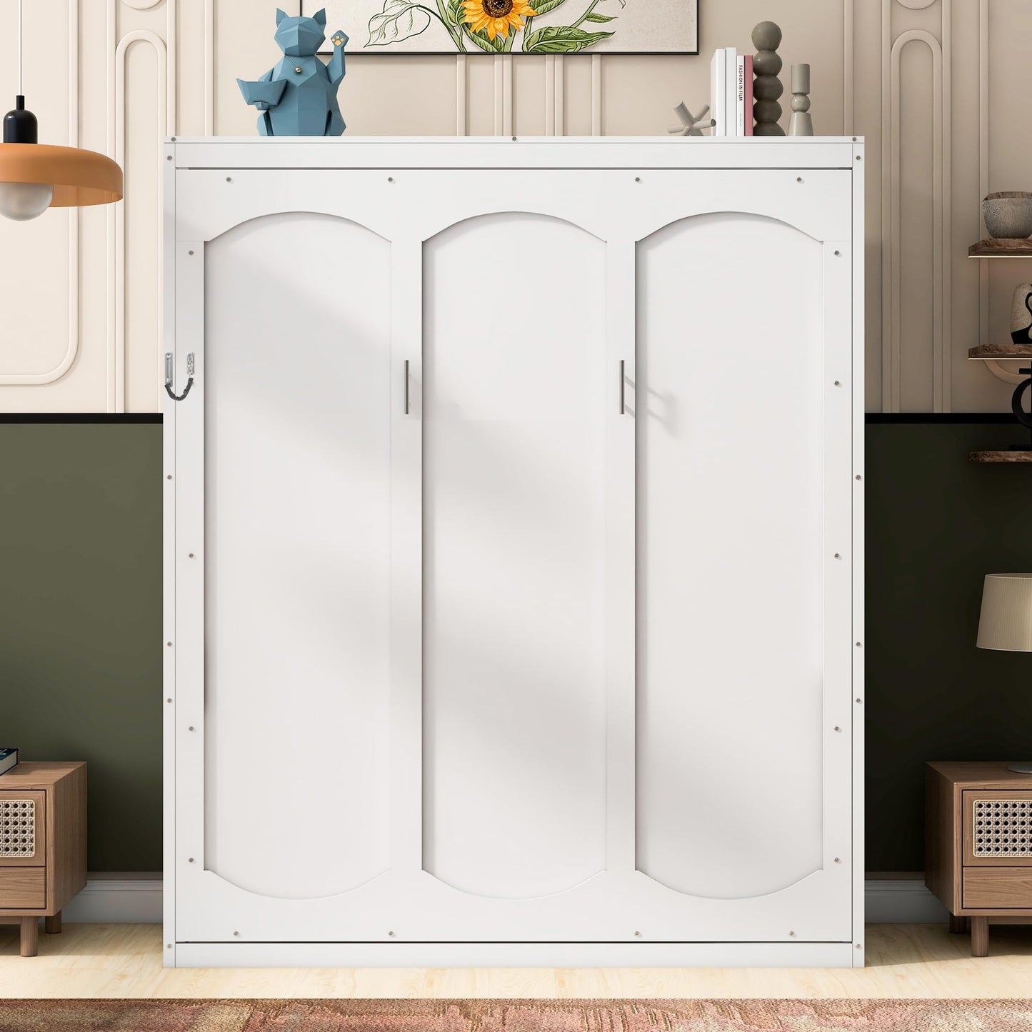 Jintop Queen Size Murphy Bed Wall Beds with Storage Shelves,Hide Away Bed Frame Easily Folds into Wood Cabinet,W/Mattress Holder,for Small Space,Guest Room,Apartment,White