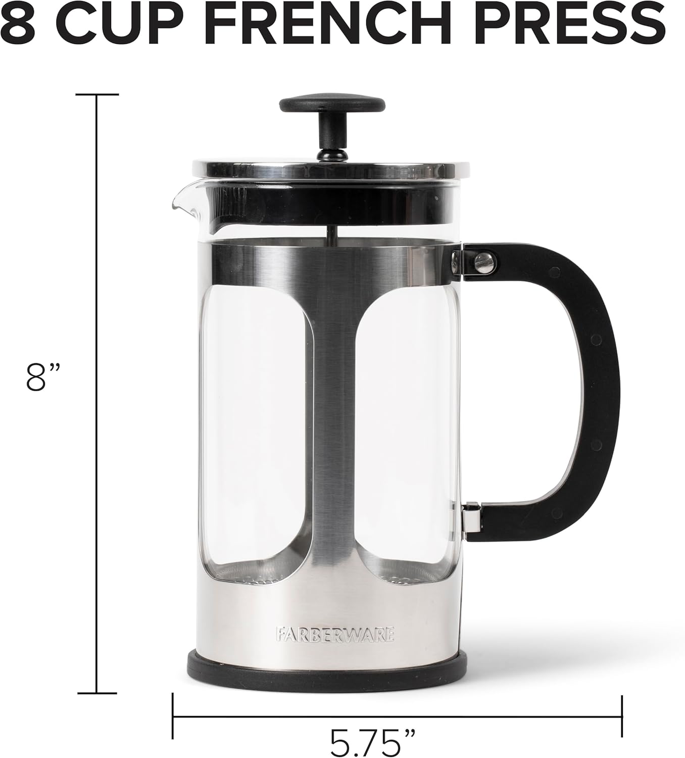 Farberware French Press Coffee Maker, 8 Cup Capacity, Stainless Steel Cold Brew Press, Borosilicate Glass