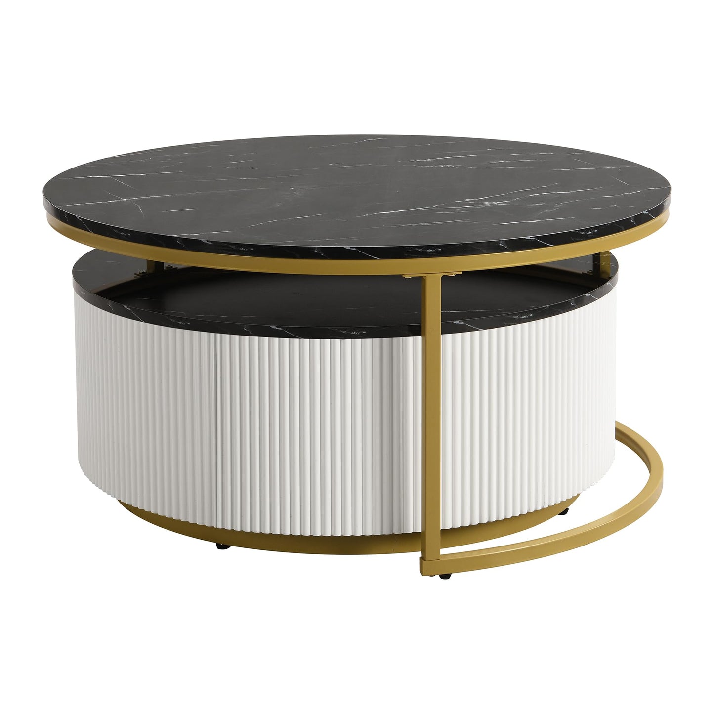 Ball & Cast Round Coffee Table Set of 2,Nesting Desk with Drawers,Smooth Durable Marble Tabletop and Fluted Design,Easy Care & Stain Resistance 31.5" for Bedroom,Living Room,Black & Gold