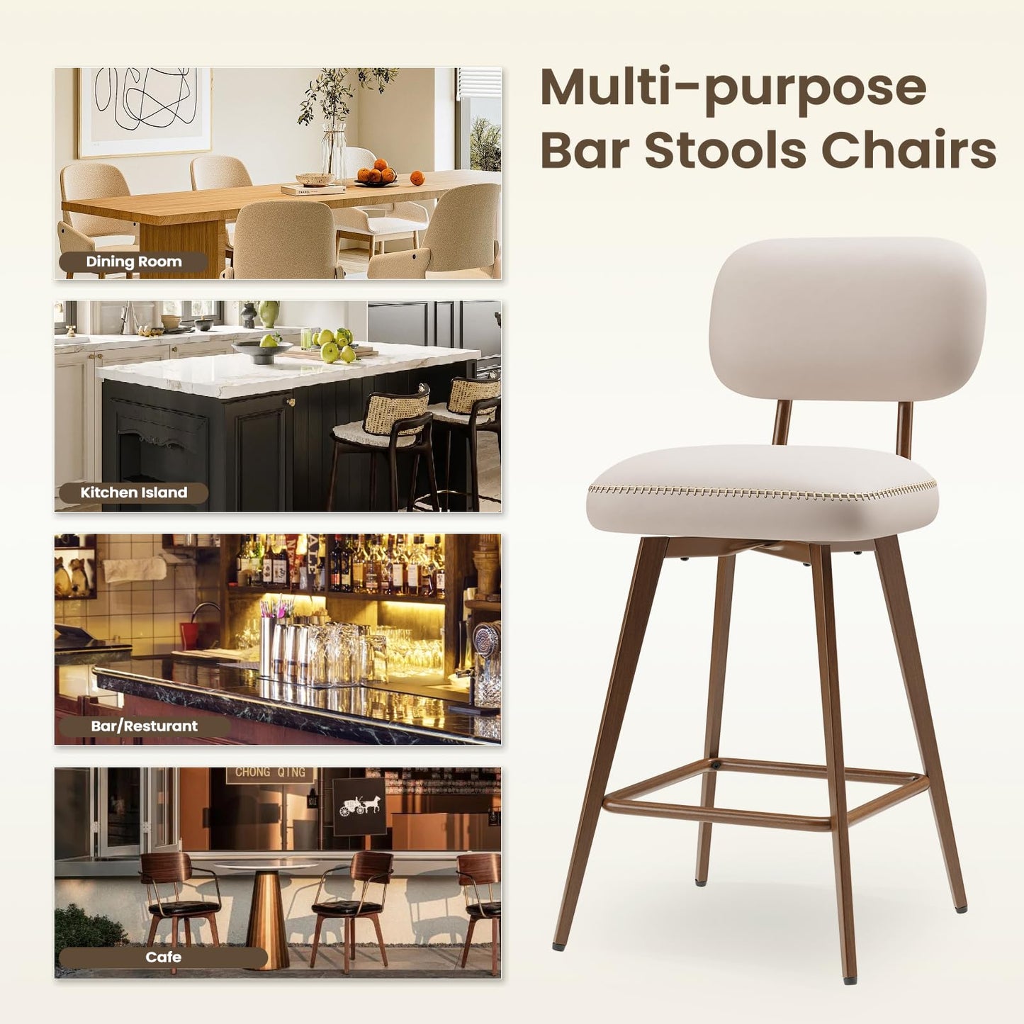 MALOL 26“ Swivel Bar Stools Set of 4, Mid Century PU Leather Counter Height Bar Chairs with Low Back and Metal Legs, Modern Bar Stool Chair for Kitchen Island, Beige