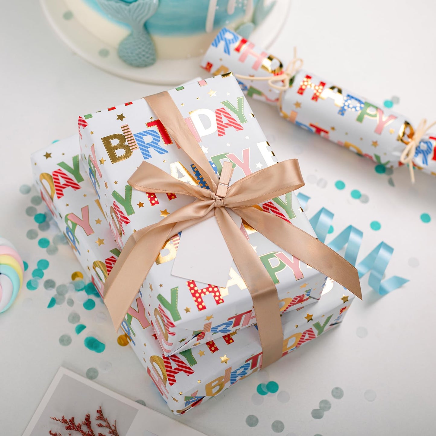 Merture Colorful Wrapping Paper Roll - 17 In X 32.8 Ft - Foil Happy Birthday Lettering & Candles Wrapping Paper for Birthday, Baby Shower, Party