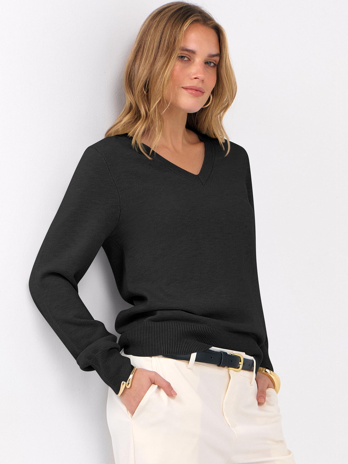 ANRABESS Womens Long Sleeve V Neck Sweaters 2025 Fall Casual Classic Soft Loose Fit Basic Pullover Jumper Top