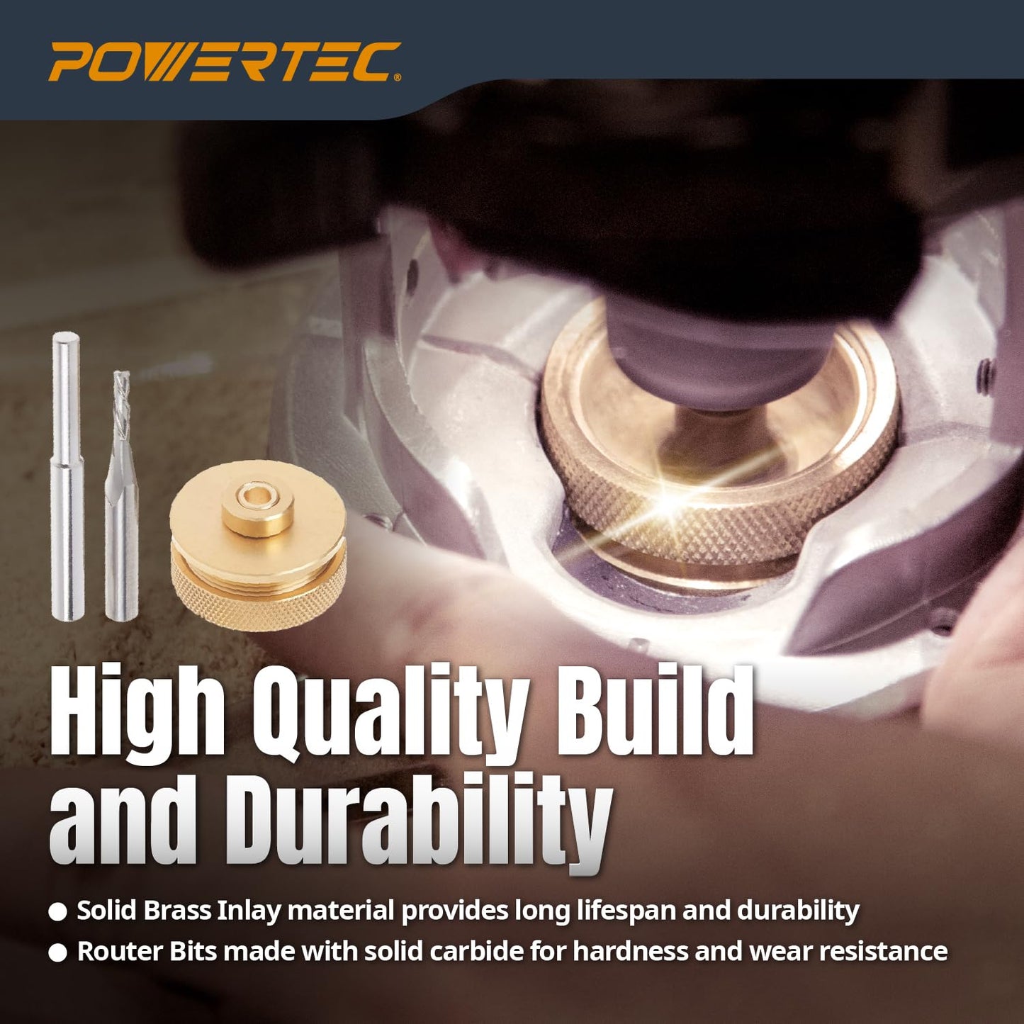 POWERTEC Router Brass Inlay Kit with Bushing Guide Set + Centering Pin, Collar & 1/8" Diameter x 1/4" Shank Solid Carbide Bit, Compatible w/ 1/4" Router Templates for Woodworking (71333)