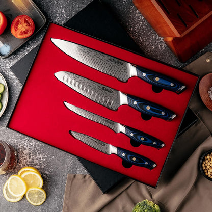 Seido Knives 4-Piece Kanpeki VG10 Damascus Steel Knife Set - Professional Chef Knife Set with Blue Handle - Includes Chef Knife