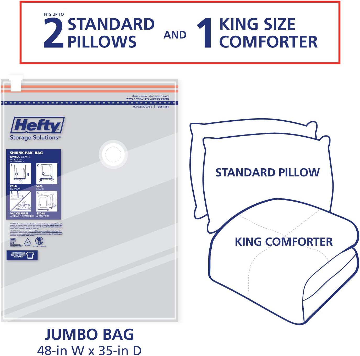 Hefty Shrink-Pak Vacuum Storage Bags, Space Saver for Under Bed, Clothing and Comforter Storage, 3 Jumbo Bags
