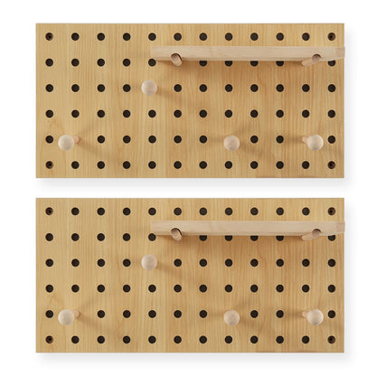 UMICAL 2 Pack Beige Wooden Pegboard, Modular Wall Organizer Storage Shelf with Hooks, Multi‑Use Display Peg Board for Home Office Bathroom Laundry Room