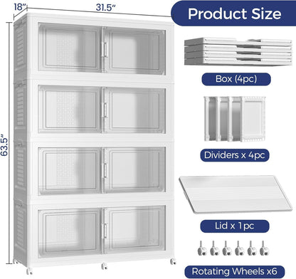 QAVABIN 200GAL Extra Large Storage Bins with Lid, 800Qt Stackable Closet Organizers and Drawers, Collapsible Storage Bins with Wheels, Folding Containers for Home, Kitchen Office, 4Pack White