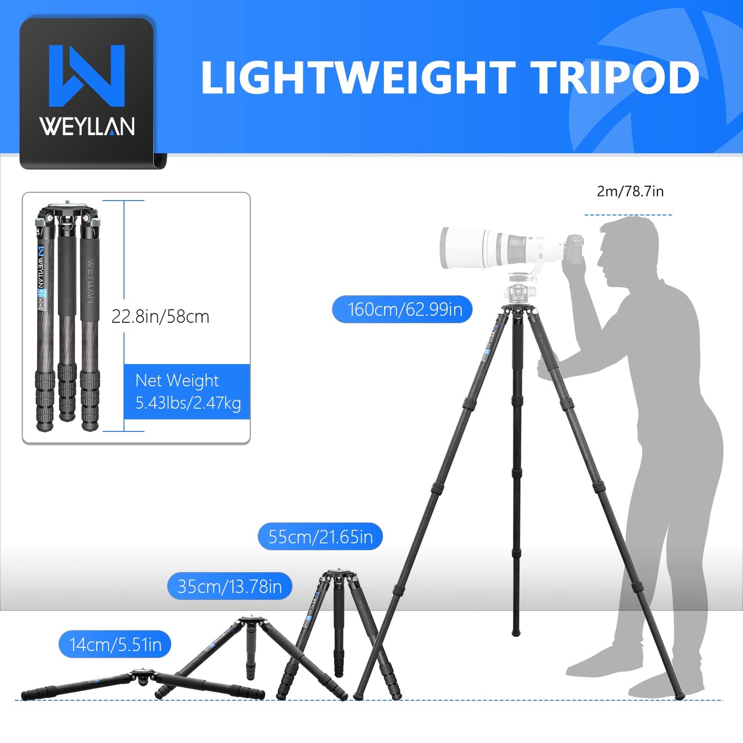 Heavy Duty Tripod Carbon Fiber Camera Tripod WEYLLAN LX9 Professional Tripod Camera, 10 Layers Carbon Fiber Tube, with 40mm Leg Tube, Durable Carbon Bowl Tripods for DSLR Camera Max Load 88lbs/40kg