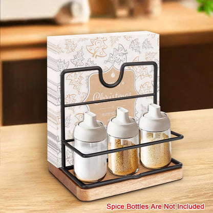 Livabber Napkin Holder, Metal Napkin Storage with Salt and Pepper Shakers Caddy Modern Napkin Dispenser for Table Kitchen Countertop, Not Including Salt and Pepper Shakers (Middle Wooden, Black)