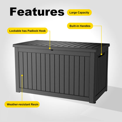 KFY 280 Gallon Waterproof Outdoor Storage Box, UV Resistant Resin Deck Box with Hydraulic Rod for Reinforced Stability, Perfect for Patio, Garden, and Pool（Black，280 Gallon）