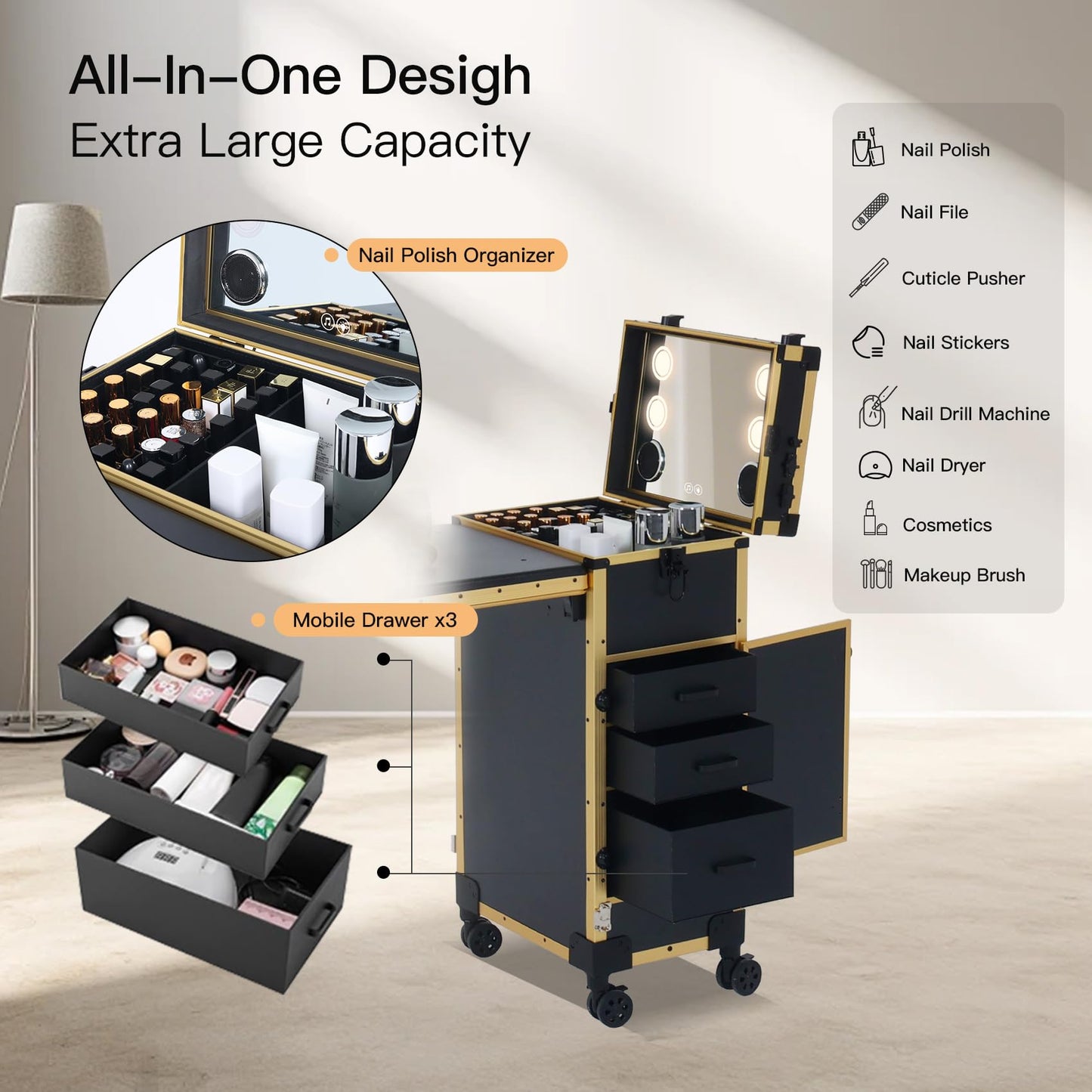 Portable Nail Desk for Nail Tech, Foldable Manicure Table with 3 Drawers & Mirror, Rolling Nail Table with Lockable Train Case, Nail Polish Organizer, Mobile Nail Tech Workstation with Wheels, Golden