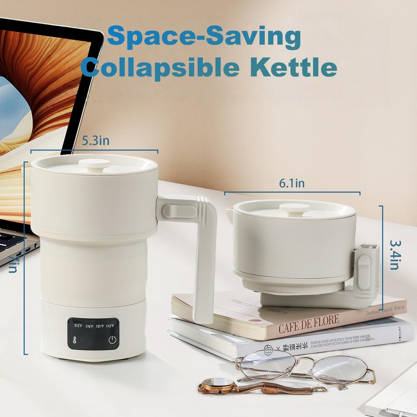 Portable Electric Kettle-600ML Collapsible Electric Kettle，600W Travel Water Boiler with 4-Temp Presets, Food Grade Silicone for Camping,Hotel, Office