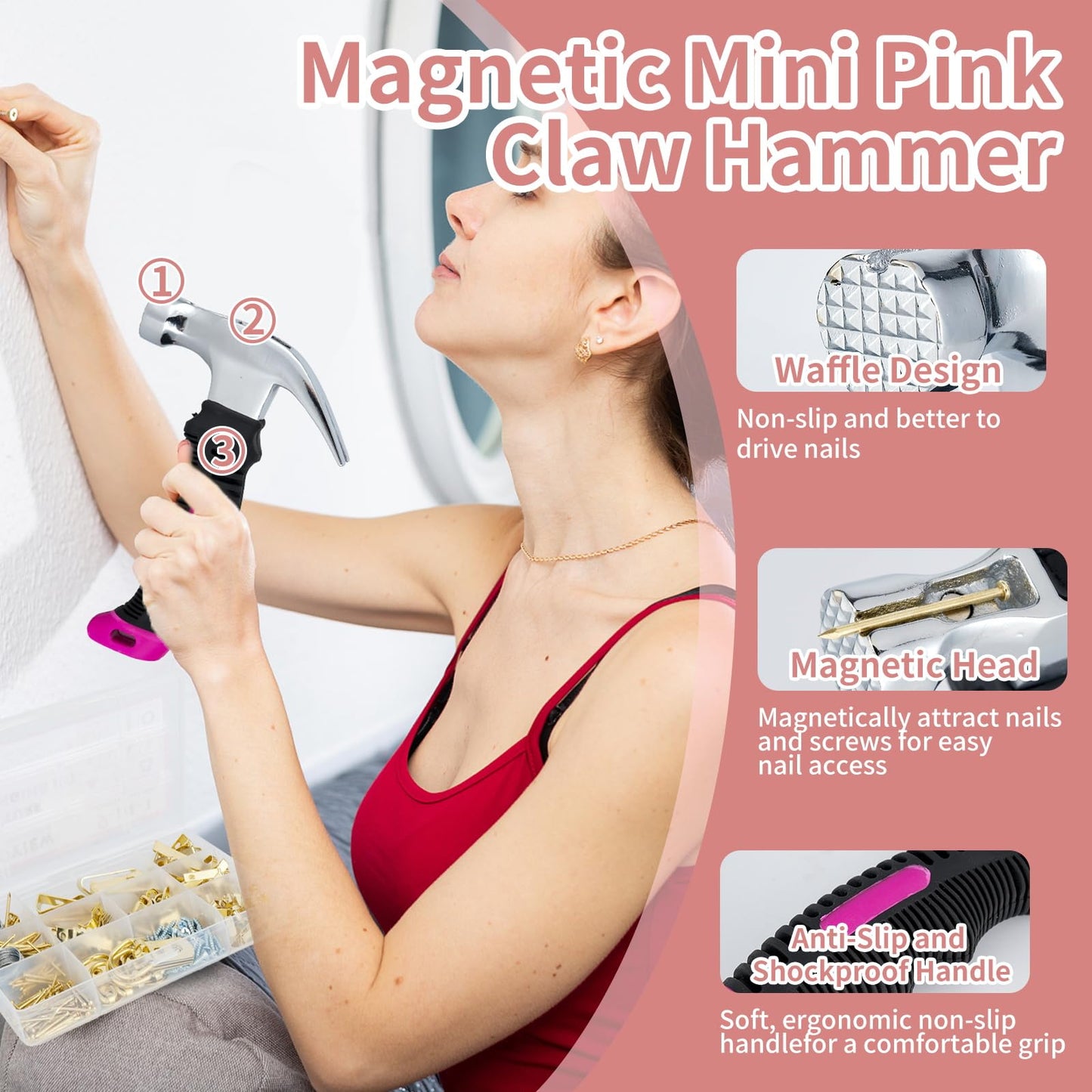 TOYIEW Picture Hanging Kit Tool, 352pcs Hanging Hardware with Heavy Duty Frame Hooks, Wire, Nails, D Rings, Photo Sawtooth Hangers, Wall Art Hanging Kit with Laser Level, Pink Claw Hammer