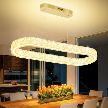 IDEQUY Gold 40in Crystal Ring Chandeliers for Dining Room Dimmable Linear Oval Crystal Ring Pendant Light for Kitchen Island 1 Linear Chandelier LED Acrylic Pendant Lighting