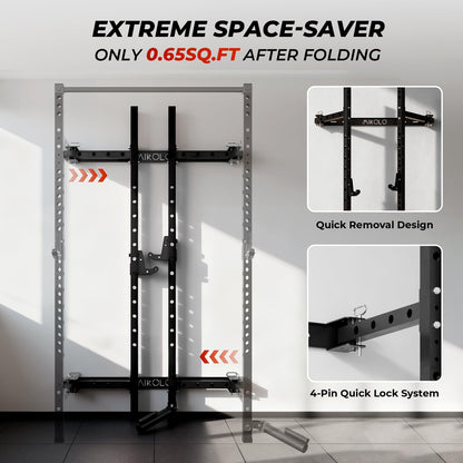 Mikolo 2" x 2" Folding Wall Mounted Squat Rack, 1000 Pounds Capacity Power Rack with Safety Catches, Pull Up Bar, J Hooks and Landmine Attachment, Space-Saving Home Gym(Black