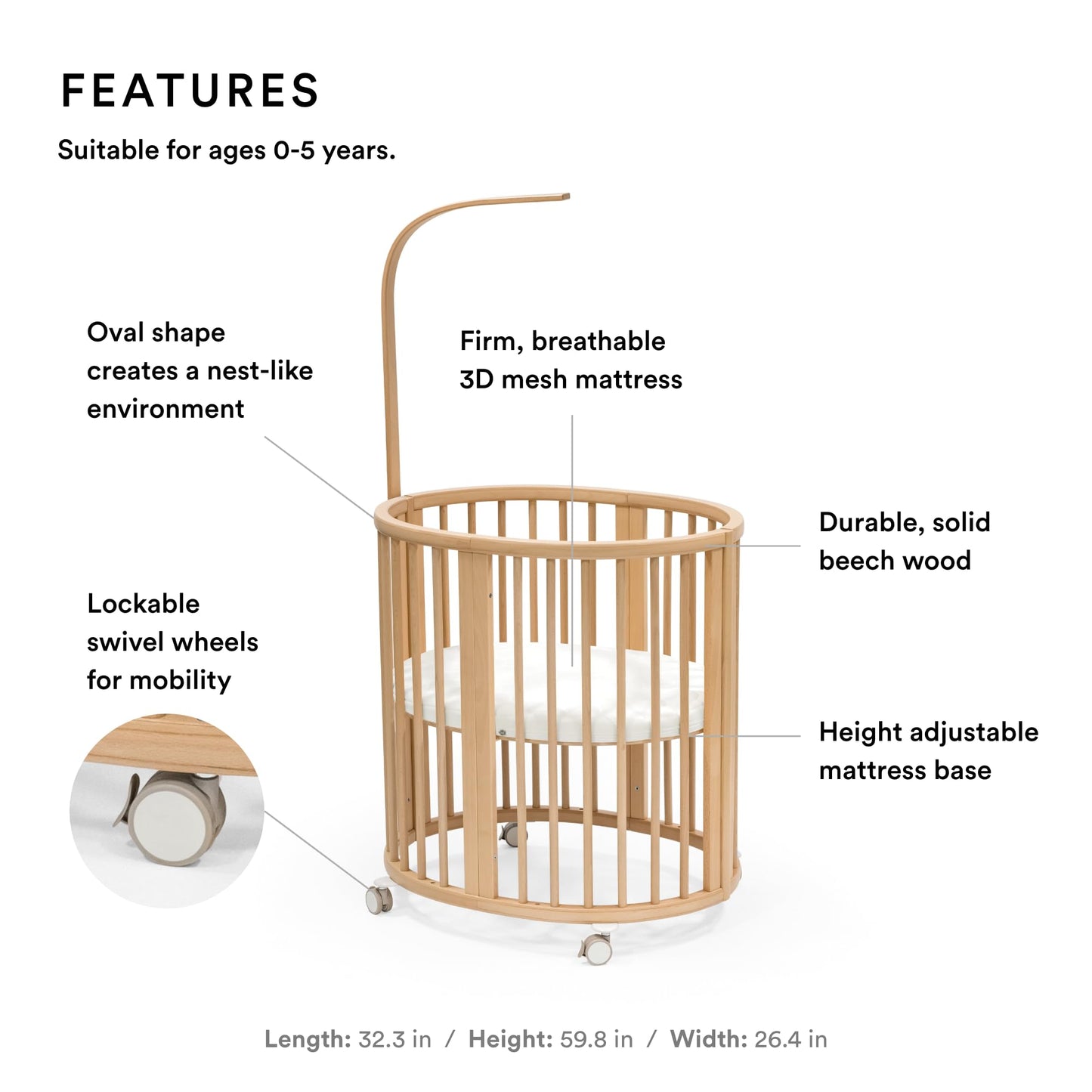 Stokke Sleepi Mini Bundle V3, Natural - Includes Sleepi Mini V3, Mattress & Drape Rod - Suitable for Ages 0-6 Months - Adjustable & Stylish