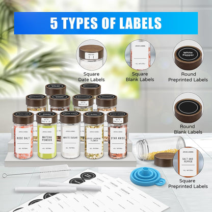 12 Pack 4 oz Set VIBRATITE Spice Jars with Acacia Lids, Round Glass Jars Spice Containers with Labels, Pen, Funnel