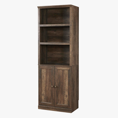 DiMorture 81" Tall Bookcase with USB Port, Wooden Book Cases Organizer with 3 Open Shelves and 2 Doors, Free-Standing Library Bookshelf Side Cabinet for Living Room, Bedroom (Brown)