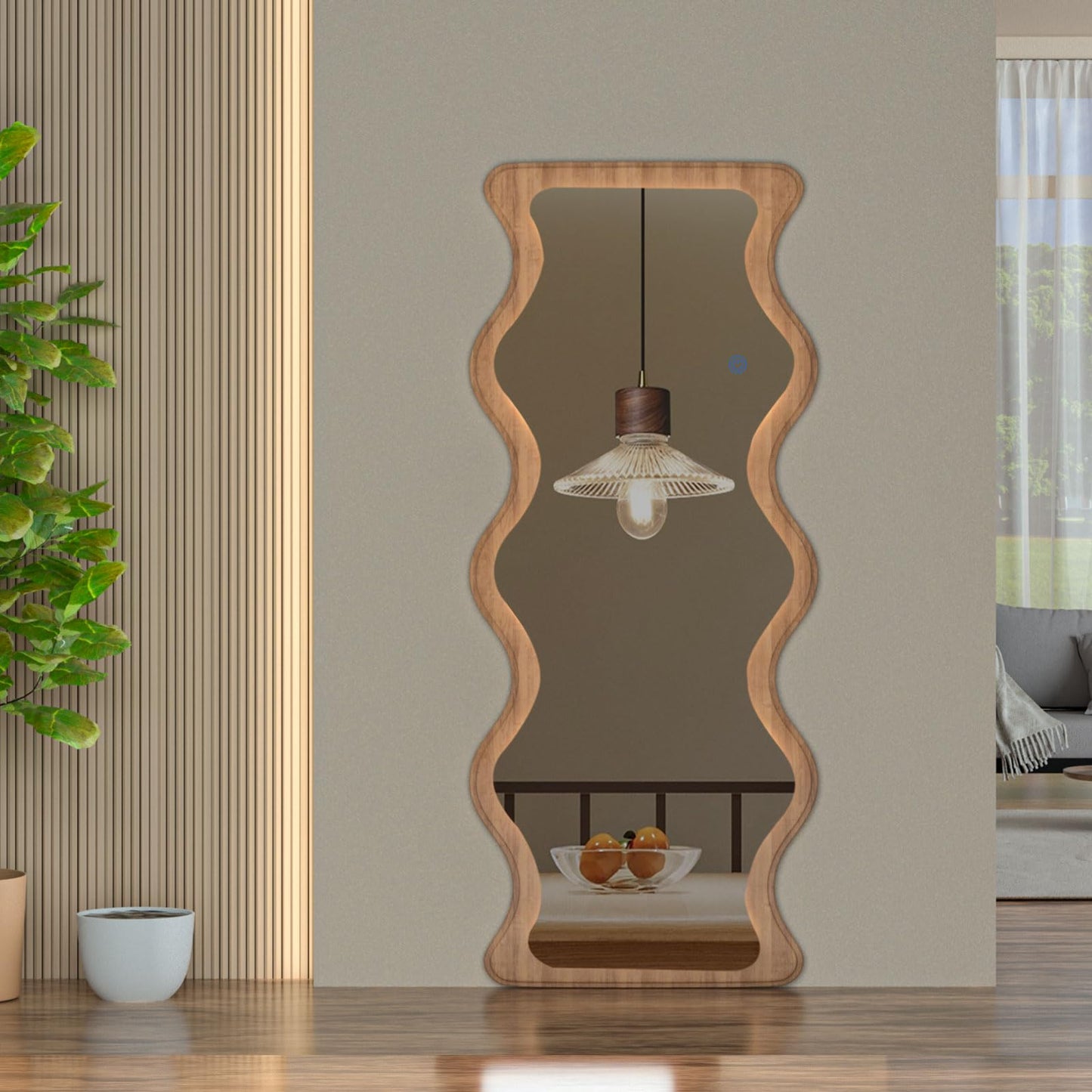 COOL2DAY 65" x 24" Led Wavy Full Length Mirror with Lights, Shatter-Proof Hanging/Leaning Irregular Wall Mirror, Wooden Led Floor Mirror for Dressing Bedroom Living Room