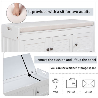 Merax Rustic Storage Bench with Removable Cushion Multifunction Shoe Cabinets for Entryway Hallway Front Door White