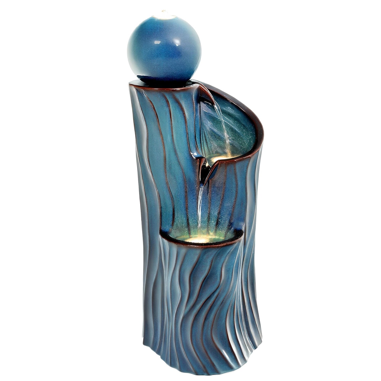 Ultym 32" H Ceramic Outdoor Water Fountain with Lights, Art Sphere Fountains for Outside, Soothing Cascading Waterfalls for Relaxing Garden Patio Yard or Porch Decor, Turquoise, Dynamic Wave-Texture