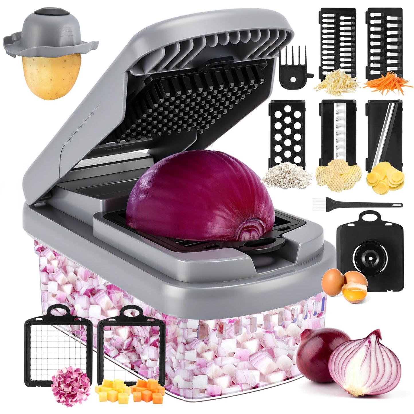 Vegetable Chopper,12-in-1 Multifunctional Food Chopper,Professional Onion Chopper with 7 Blades,Vegetable Cutter with Container for Salad,Potato,Carrot,and Garlic Essential Kitchen Tool (Silver black)