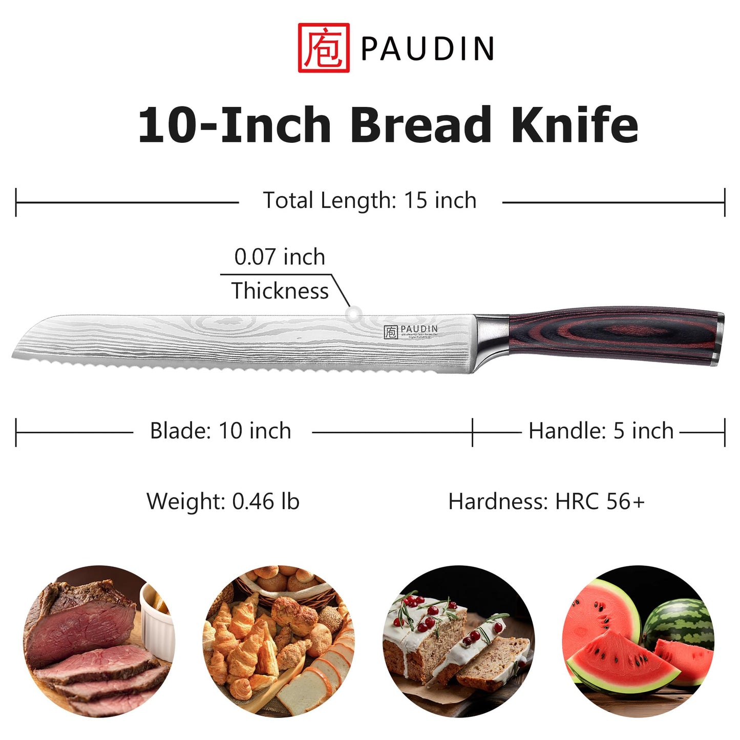 PAUDIN Bread Knife, 10 inch Serrated Knife, German Stainless Steel Bread Knife for Homemade Bread, Razor Sharp Edge for Efficient Slicing Sourdough Bread, Bagels, Cake