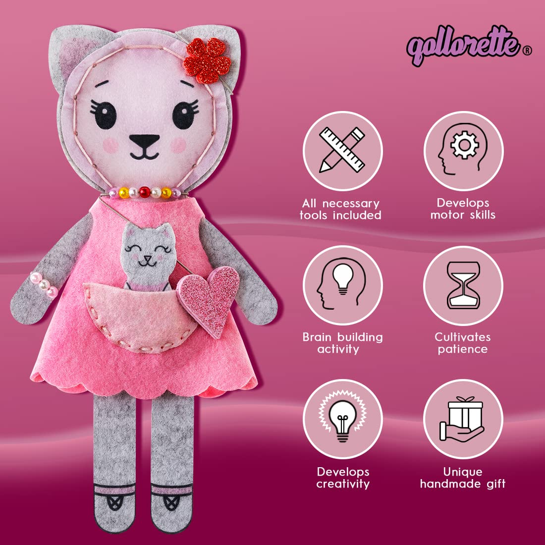 qollorette Felt Sewing Kit for Children, Make Your Own Kitty Toy, Kids' Craft Kit - Make A Friend Sew Kit - Beginner Sewing Kit for Kids, Learn to Sew & Play