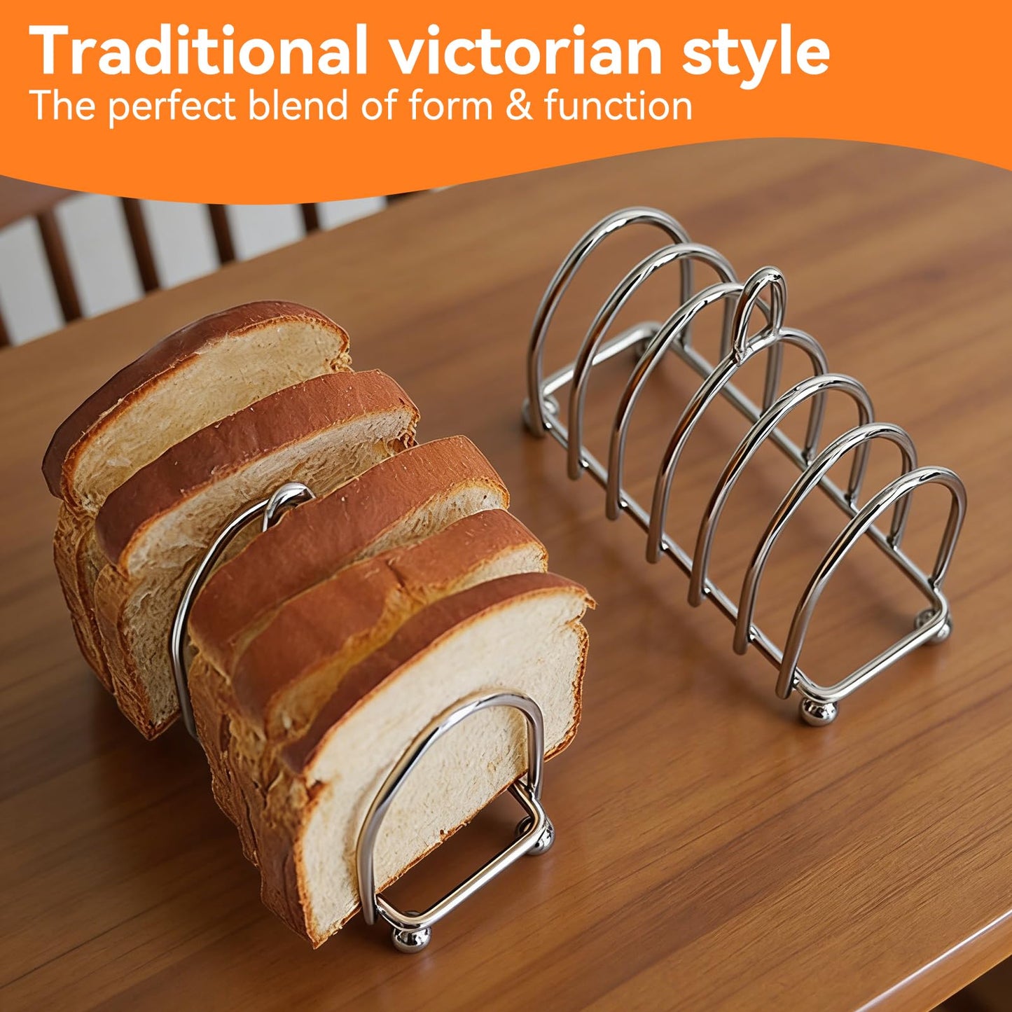 Frdhee Toast Rack English Style, 6 Slice Bread Holder, Stainless Steel Toast Holder Stand with Ball Feet, Vintage British Bread Loaf Grid Cooling Station with Handle for Kitchen Bakeware