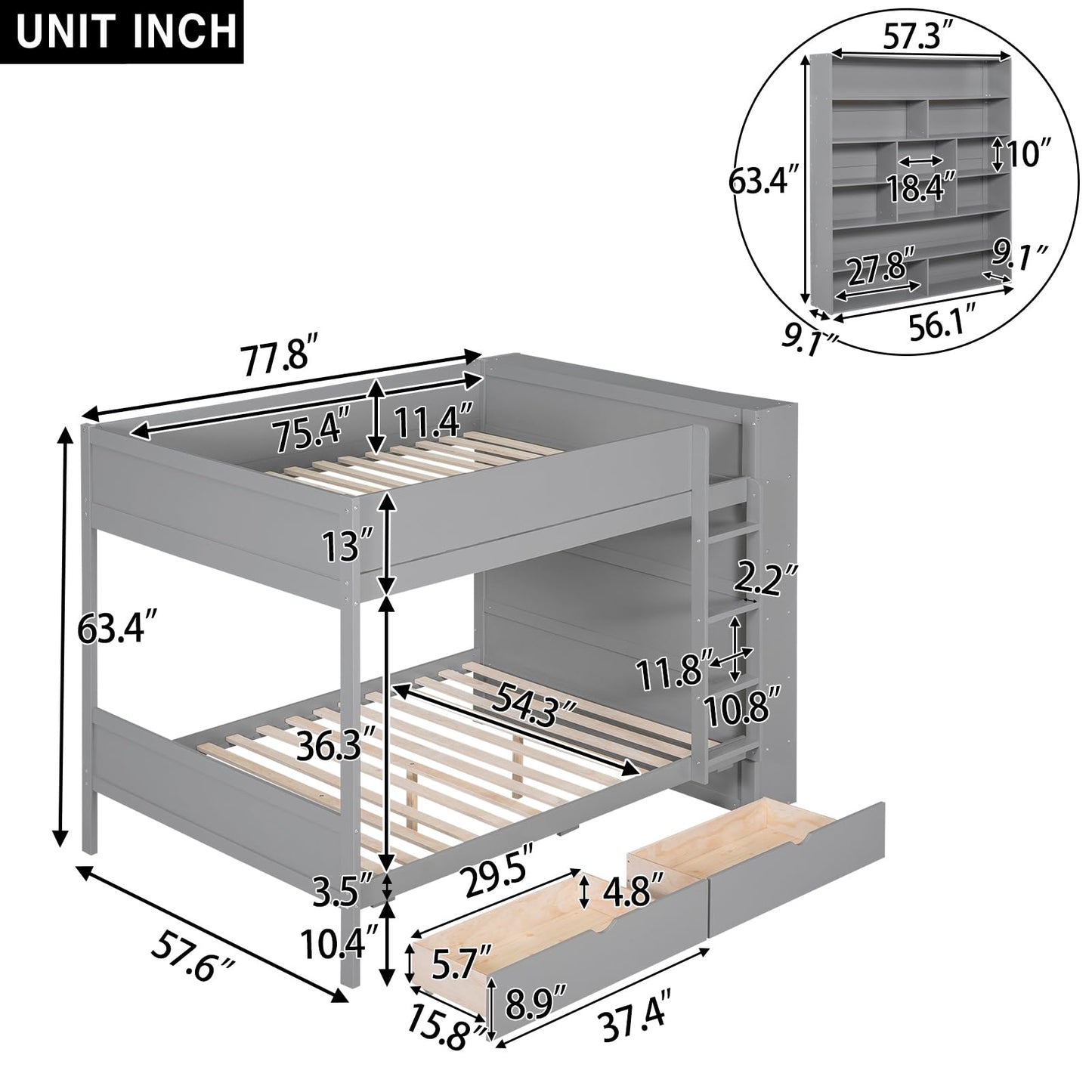 Merax Full Over Full Bunk Bed with 2 Drawers and Multi-Layer Cabinet, Gray