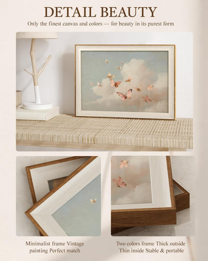 12x16 Inch VIYYIEA Framed Moody Wall Art Butterfly Wall Decor, Dreamy Farmhouse Canvas Painting, Pink Cloudy Butterfly