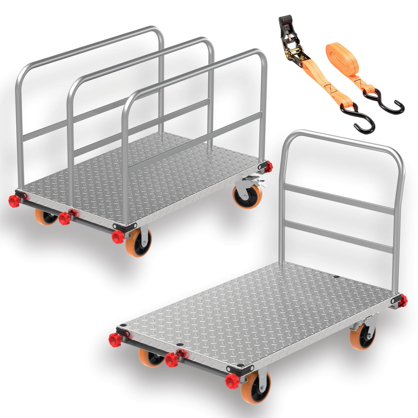 SCBoutique 3000 LBS Heavy Duty Steel Panel Cart Dolly - 2-in-1 Drywall Lumber Truck with 44 x 28 Inch 2MM Steel Plate, 6 Inch Swivel Brake Wheels & 1 Front 3 Side Handrails