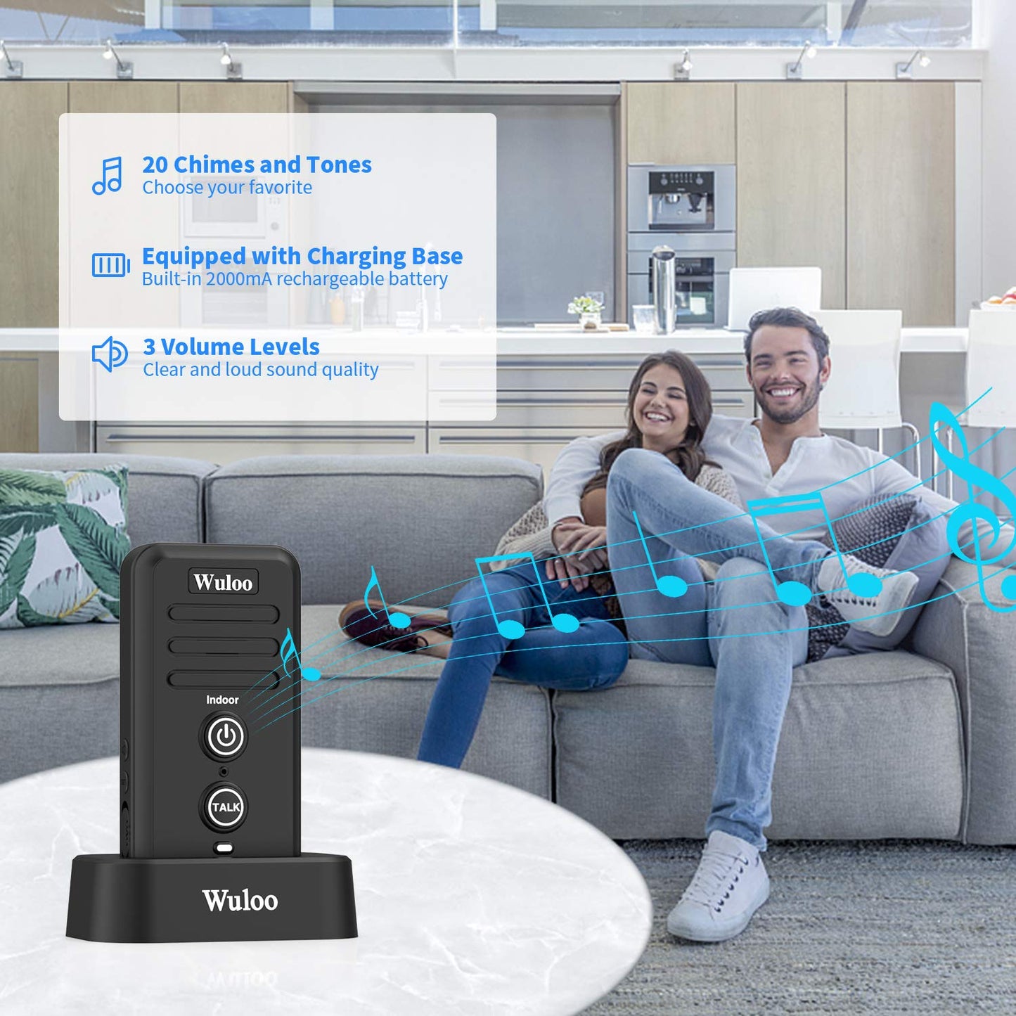 Wireless Intercom Doorbells for Home Classroom, Wuloo Waterproof Electronic Doorbell Chime with 2640 Feet Range 3 Volume Levels Rechargeable Battery (1&1-Black)