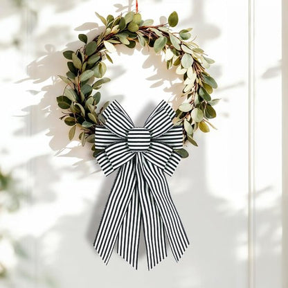 Black White Burlap Wreath Bow - 20 x 11 Inches | Stylish Striped Ribbon for Home Decor & Front Door