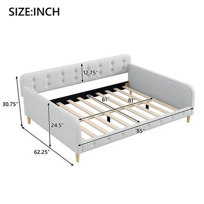 GDFStudio Queen Size Upholstered Daybed with Linen, Solid Pine Wood + MDF Frame, Foam-Filled Backrest, 4 Support Legs, No Box Spring Needed, Sturdy Queen Sofa Bed for Living Room or Guest Room, Beige
