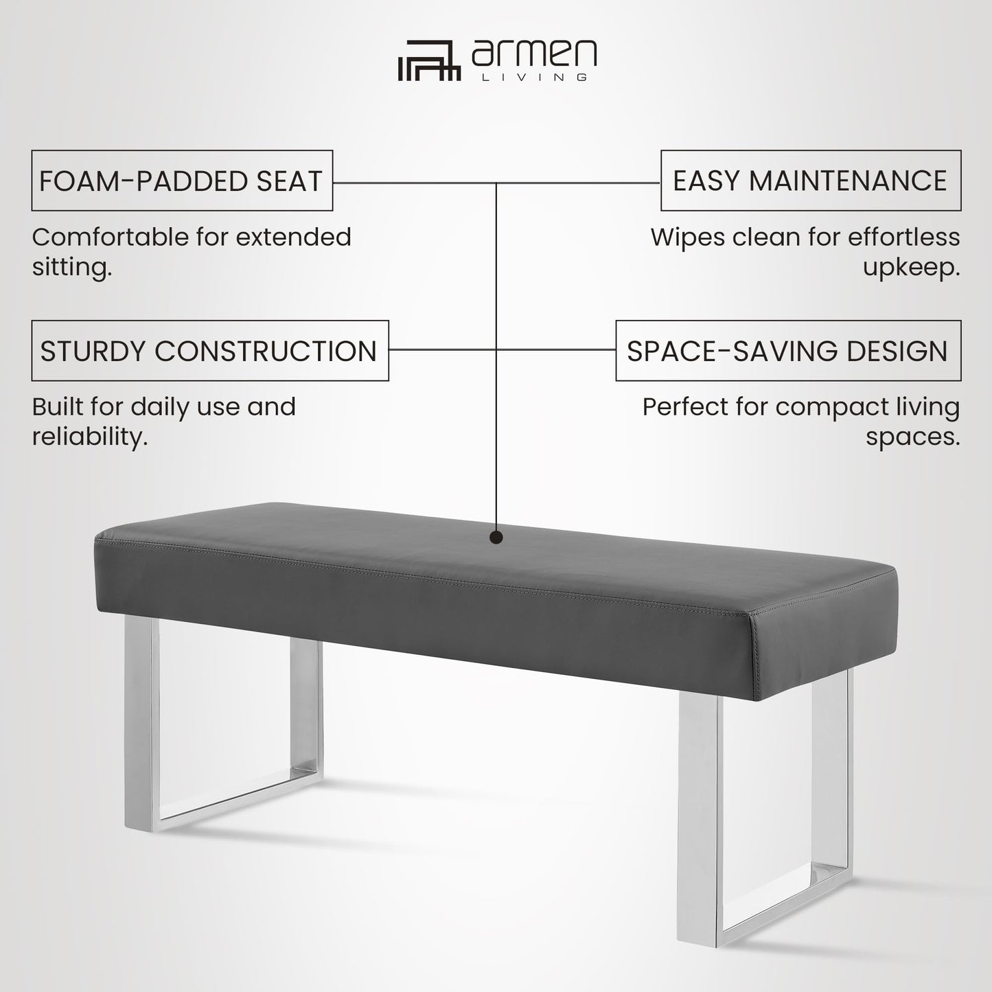 Armen Living Amanda Bench in Grey Faux Leather and Chrome Finish 48 x 19 x 18