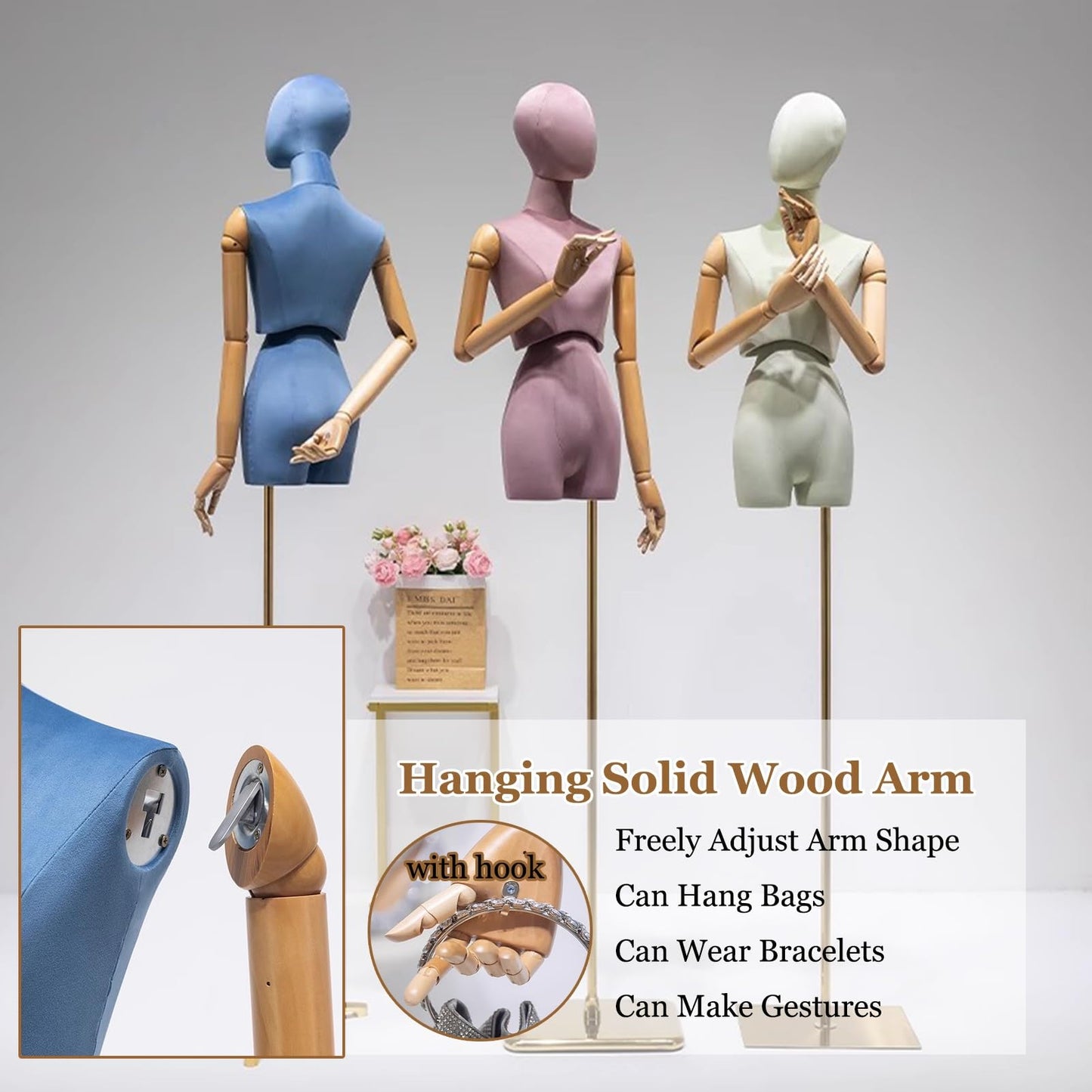Premium Female Mannequin Rotatable Head/Torso, Solid Wood Arms Dress Form Sewing Mannequin , Heavy-Duty Adjustable Metal Base(Blue)