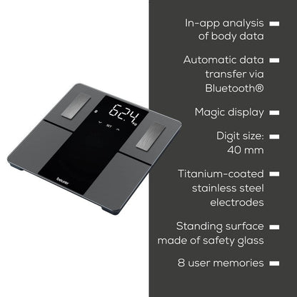 Beurer BF500 Smart Body Analysis Scale with Bluetooth & App, Accurate Digital Diagnostic Scale Measures Body Fat, Muscle Mass, Caloric Needs, 396 lbs, XL Display
