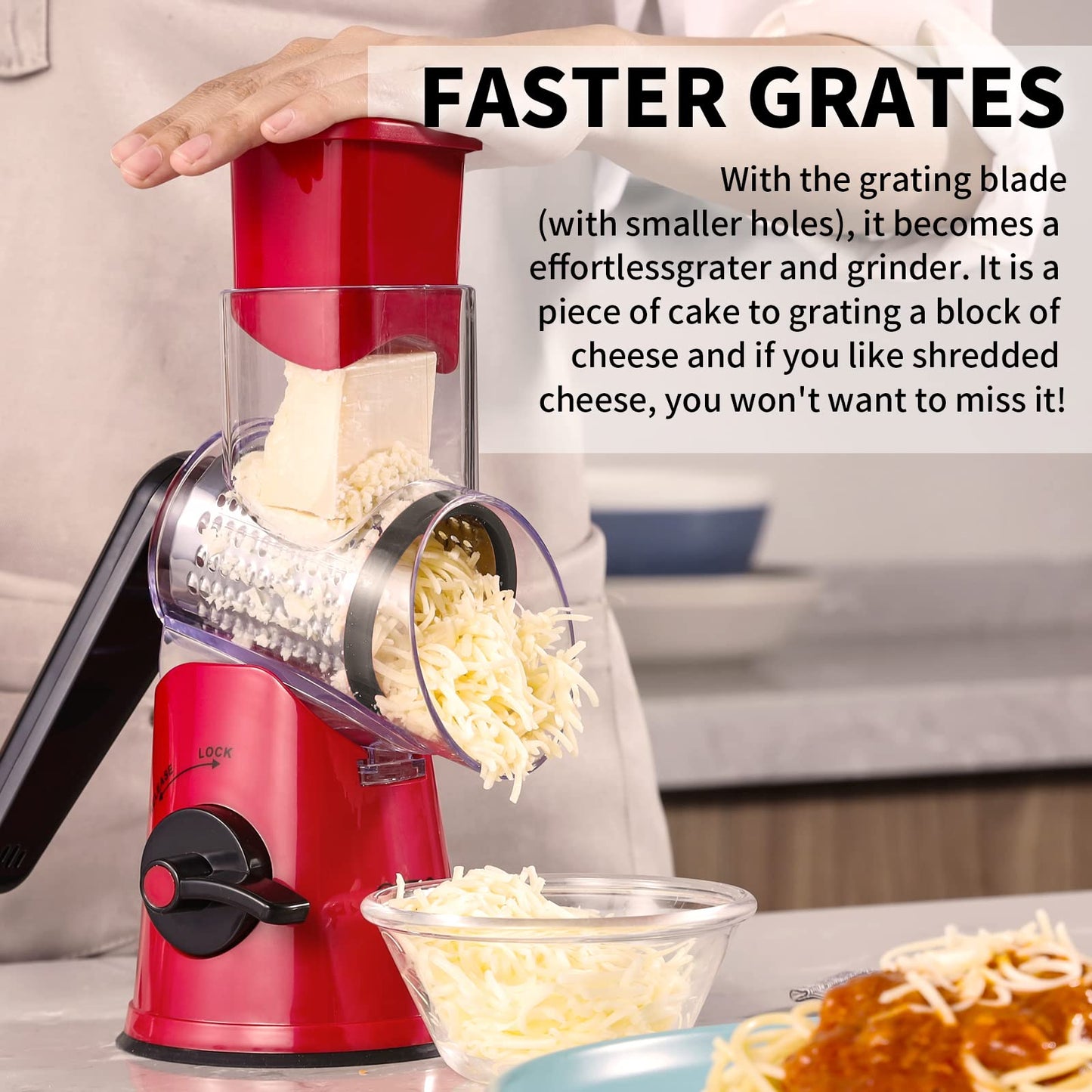 RIGSTNE Rotary Cheese Grater, 3 in 1 Cheese Shredder Grater Rotary with Handle, Vegetable Mandoline Slicer Shredder for Vegetable, Cheese, Nut