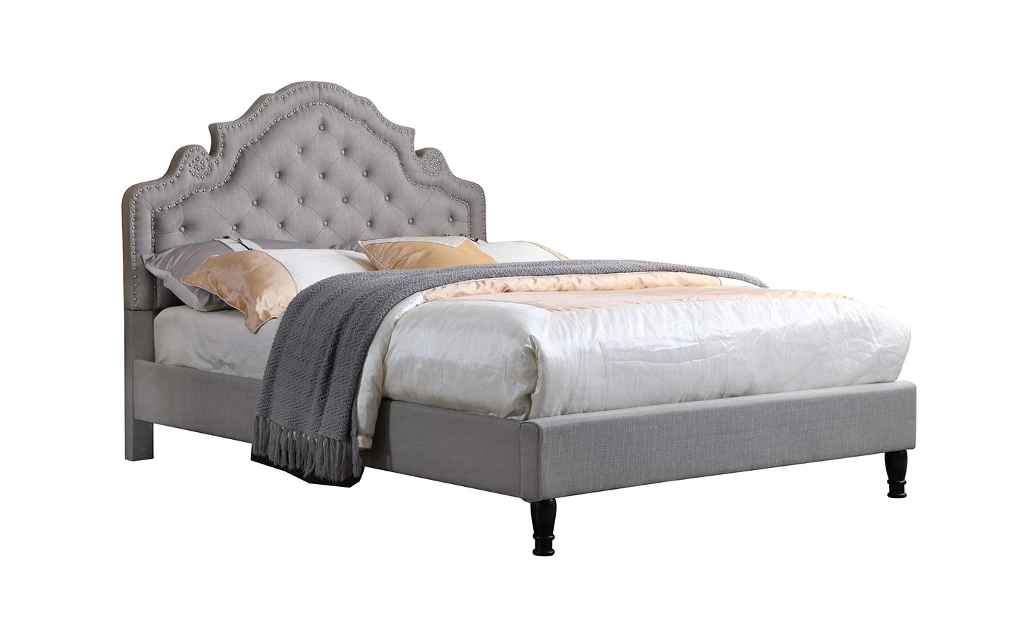HomeLife Premiere Classics 51" Tall Platform Bed with Cloth Headboard and Slats - King (Light Grey Linen)