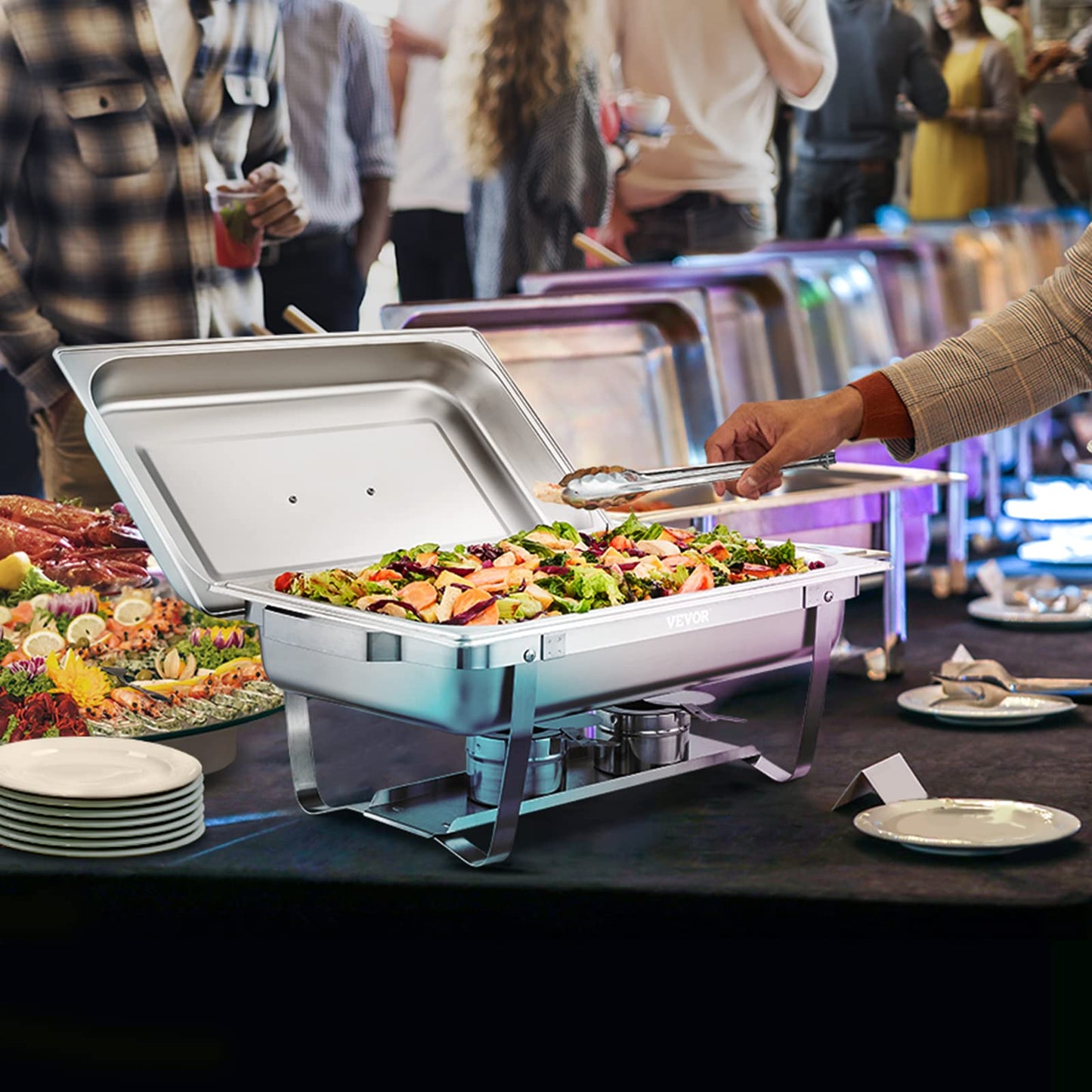 VEVOR Chafing Dish Buffet Set, 8 Qt 6 Pack, Stainless Chafer with 6 Full Size Pans, Rectangle Catering Warmer Server with Lid Water Pan Folding Stand Fuel Holder Tray Spoon Clip, at Least 8 People Eac