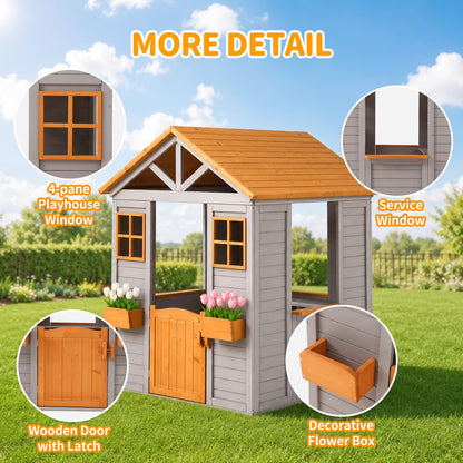 KizzParnrr Wooden Kids Playhouse with Play Kitchen, Half Door Windows, Flowerpot Holders, Toys PlaySet for Backyard Play (Brown and Grey)
