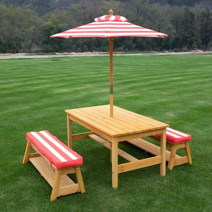LLZJDDPLY Kids Picnic Tables, Wooden Kids Picnic Tables for Outdoors with Removable Umbrella & Cushions, Toddler Picnic Table, for Backyard Lawn Patio(Red)