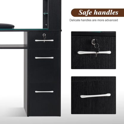 BarberPub Manicure Table with Drawers & Storage Shelves, Spa Beauty Salon Station Nail Desk, 45.3"(L) x 19"(W) x 60"(H) 2673 (Black)
